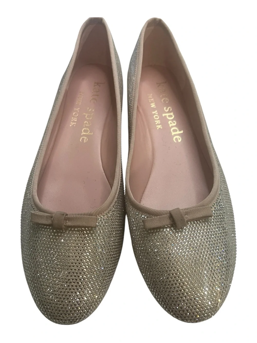 Kate Spade Leather Clover Pave Beige Gold Glitter Bow Ballet Flats Size 9.5B